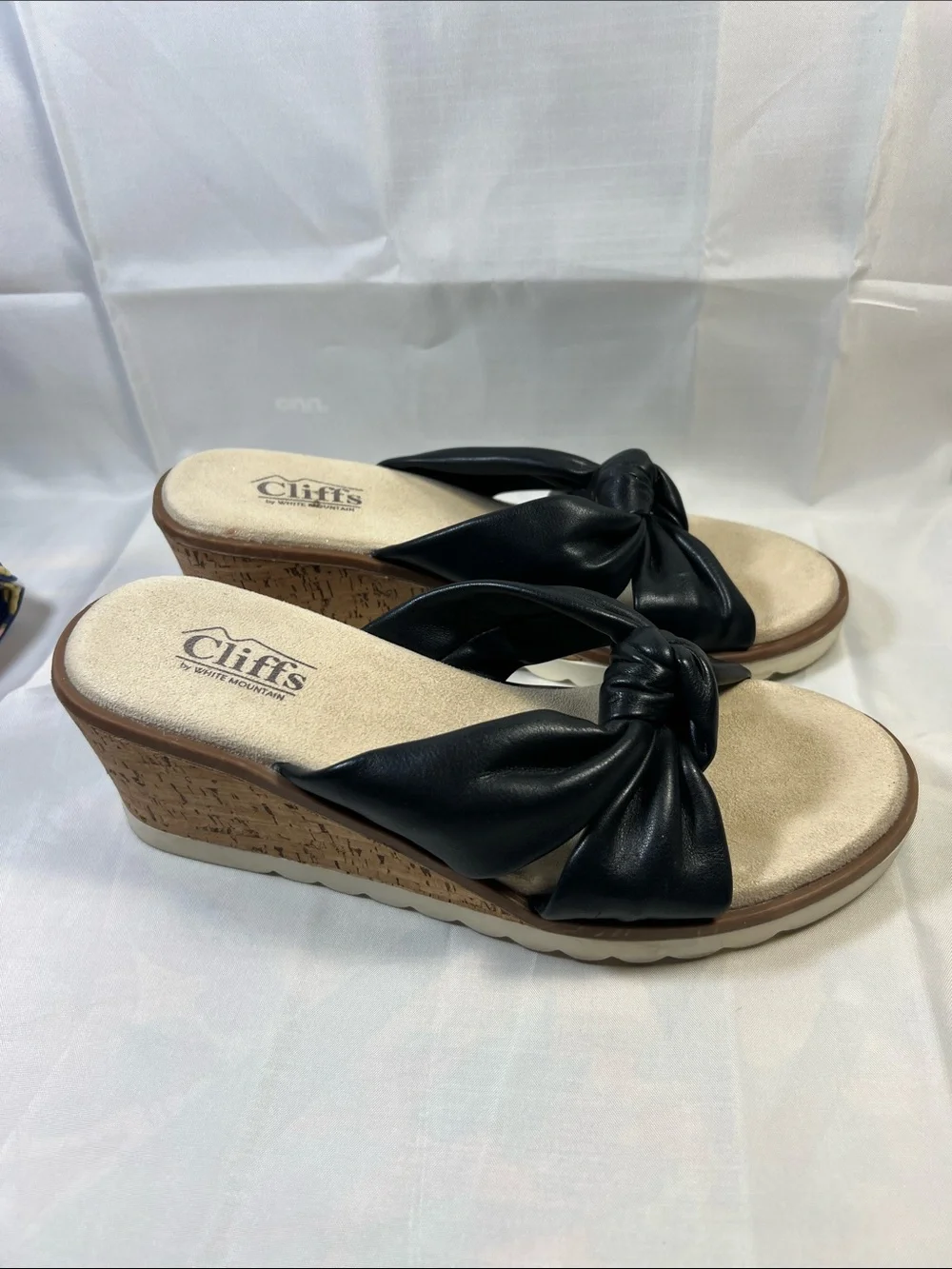 Cliffs by WHITE MOUNTAIN Black Knot Wedge Sandals with Cork-Look Heel